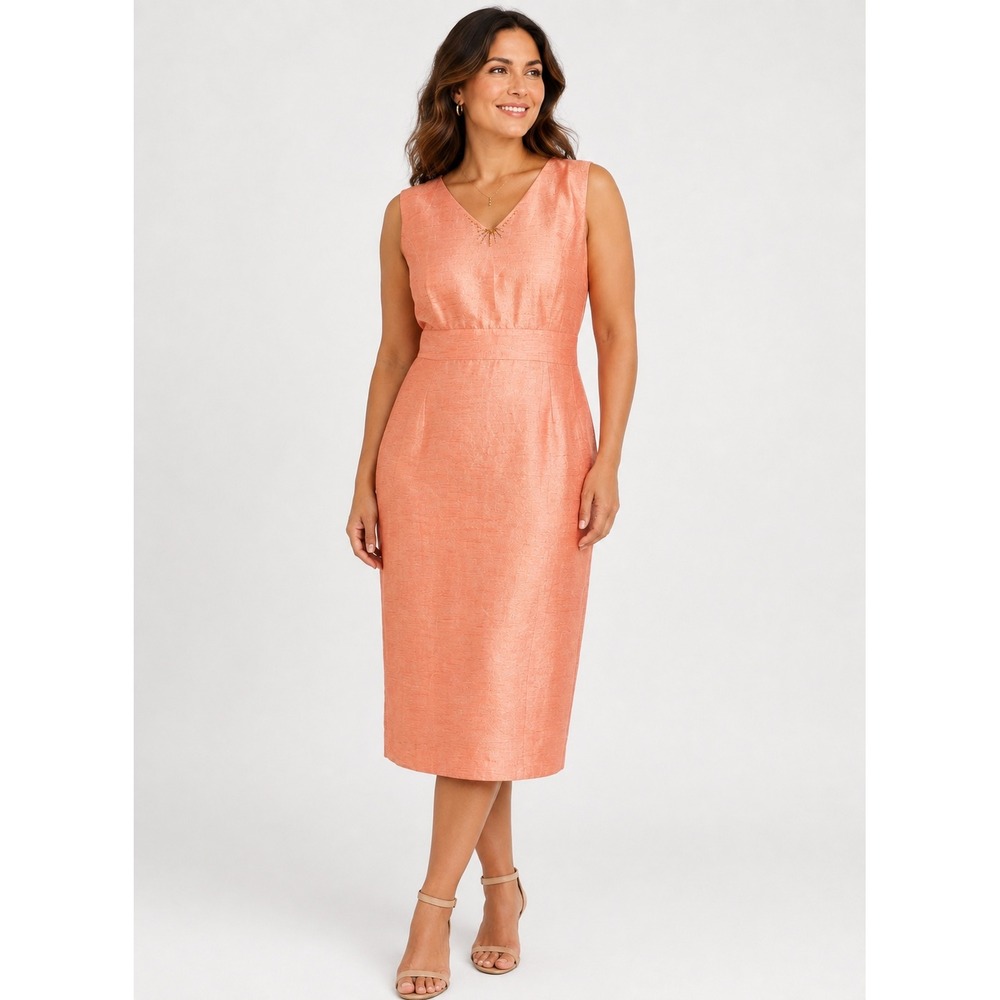Preston & York Coral Beaded V-Neck Textured Sheath Dress Size 12